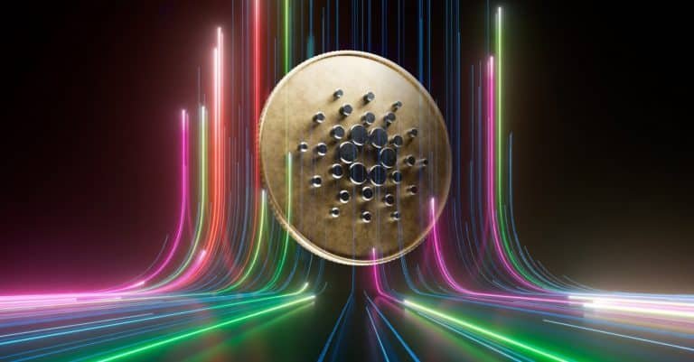A digital illustration features a gold-colored coin with a dotted emblem, surrounded by vibrant pink, green, blue, and orange light streaks against a black background.