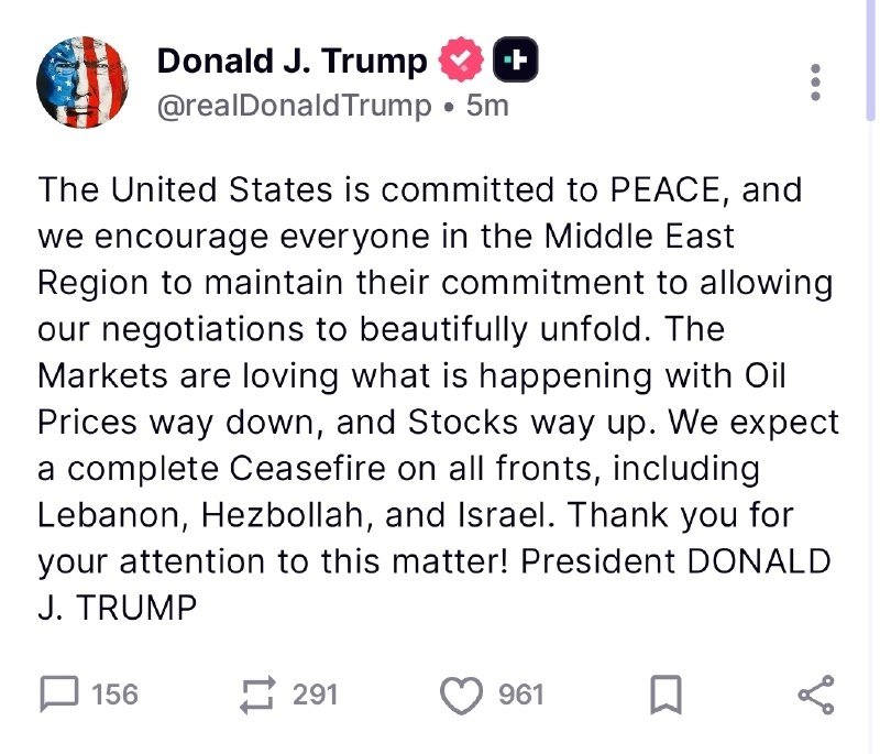 A social media post by verified account "Donald J. Trump" (@realDonaldTrump) stating the U.S. is committed to Middle East peace, citing falling oil prices and rising stocks, with 156 replies and 961 likes.