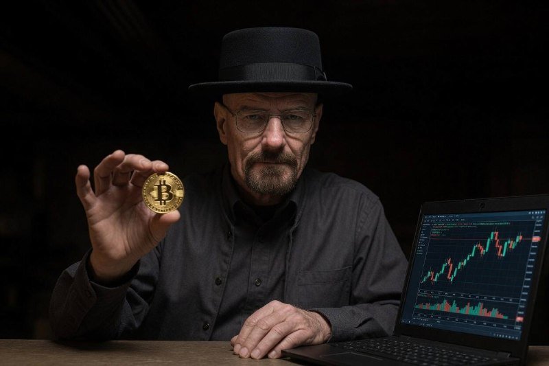 A bearded older man in a black hat and dark shirt holds up a gold Bitcoin coin beside an open laptop displaying a stock or cryptocurrency price chart.