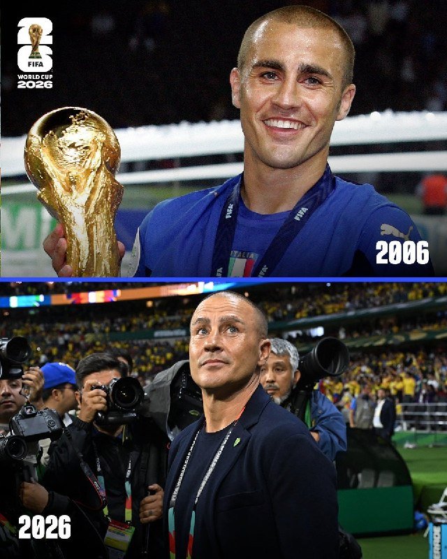 A split graphic shows the same man labeled "2006" holding the FIFA World Cup trophy in a blue jersey, and "2026" standing in a dark jacket amid photographers in a stadium.