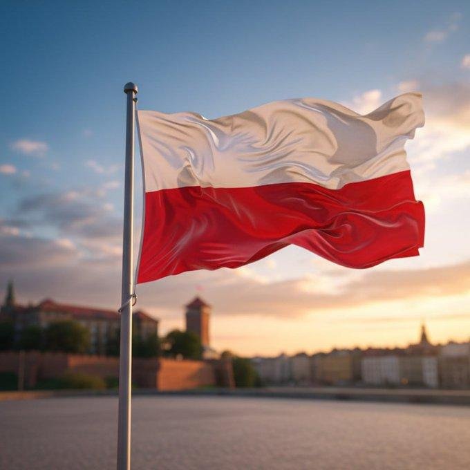 A white and red flag waves on a flagpole against a sunset sky, with a blurred cityscape in the background.