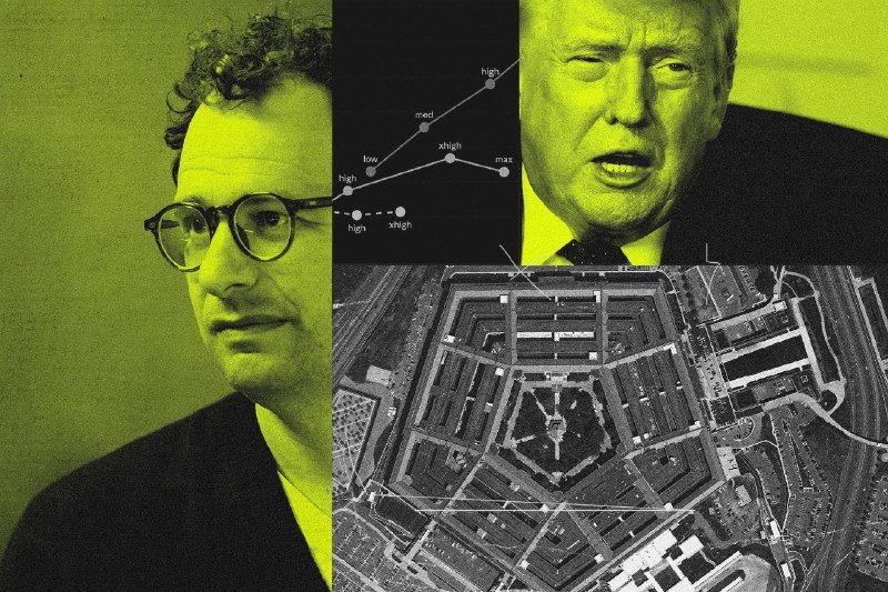 A collage with yellow-green and black tones shows a bespectacled man, a second man's portrait, a labeled line graph, and an aerial view of a pentagonal building.