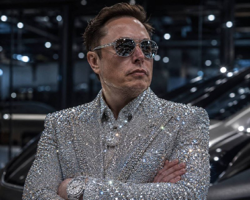 A man wearing a fully crystal-embellished silver suit, matching sunglasses, and a diamond watch stands with arms crossed in front of luxury vehicles at what appears to be an auto show.