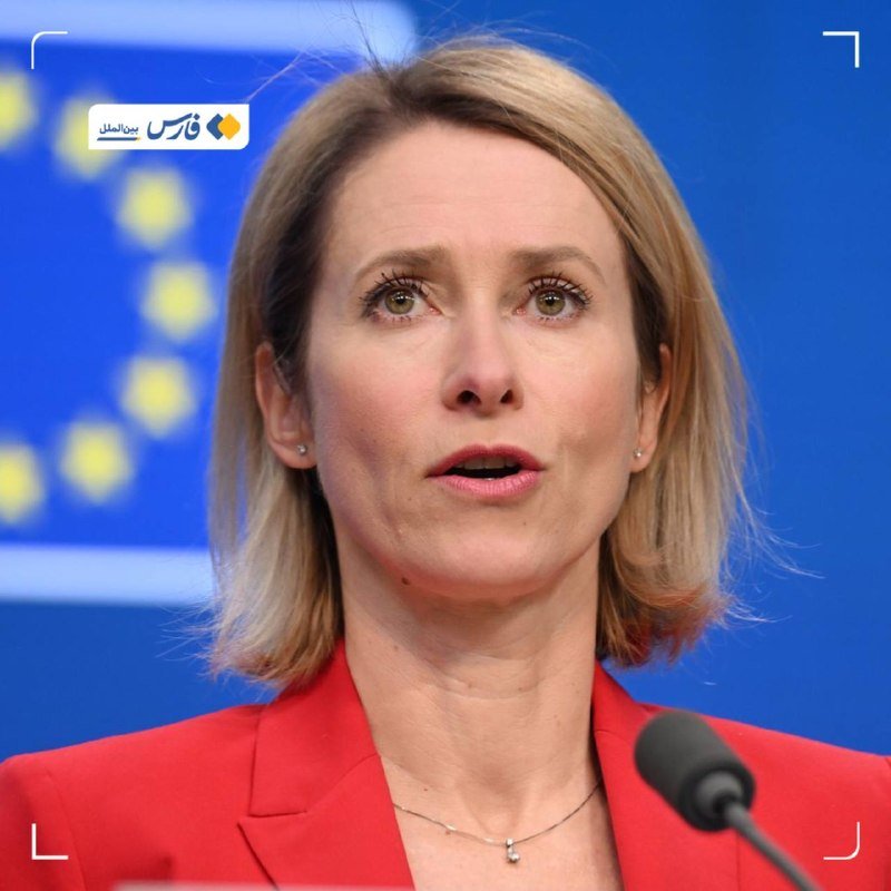 A blonde woman in a red blazer speaks into a microphone, with a blue EU flag featuring yellow stars visible behind her.