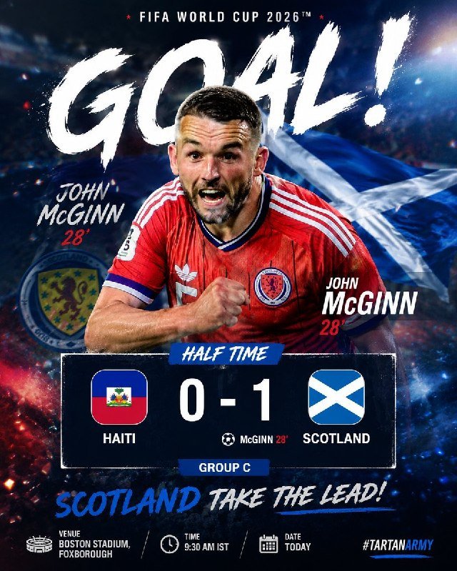 A promotional graphic shows a celebrating Scotland soccer player with text announcing "GOAL!" by John McGinn at the 28th minute, giving Scotland a 0-1 halftime lead over Haiti in Group C.