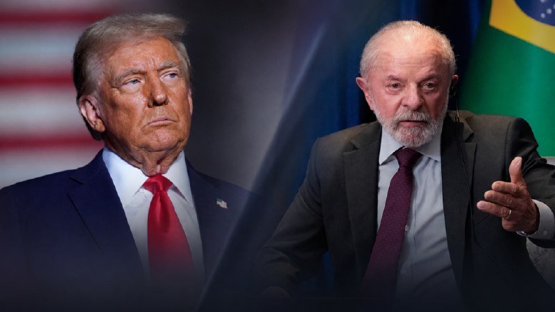 A side-by-side composite image shows two men in suits: one with an American flag backdrop and another gesturing in front of a Brazilian flag.