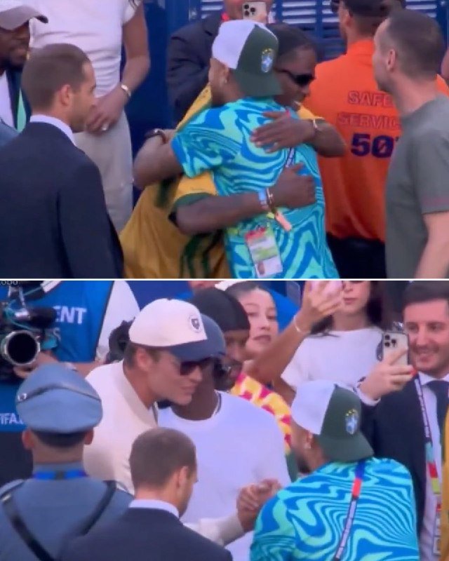 Two men embrace in a crowd, with one wearing a green-and-yellow Brazil cap and patterned shirt; the second frame shows them shaking hands as spectators take photos.