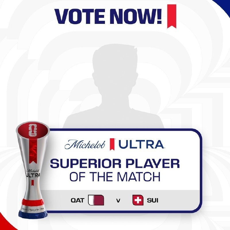 A promotional graphic displays "VOTE NOW!" above a silhouetted figure, alongside a Michelob Ultra trophy and text reading "SUPERIOR PLAYER OF THE MATCH: QAT v SUI."
