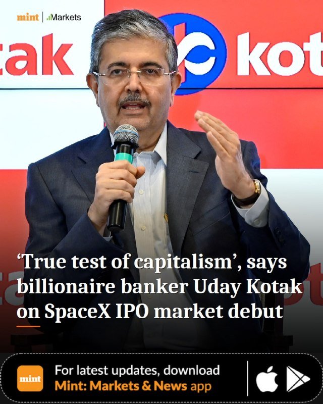 A gray-haired man in a suit speaks into a microphone at a press event with a Kotak-branded backdrop, captioned with a quote attributed to Uday Kotak about SpaceX's IPO.