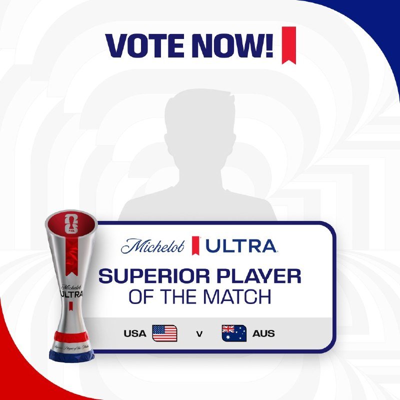 A graphic displays "VOTE NOW!" above a silhouette, featuring a Michelob ULTRA "Superior Player of the Match" trophy and a USA vs. AUS matchup.
