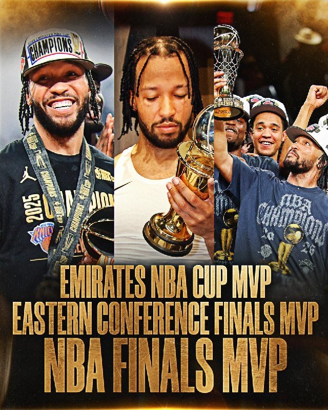 A graphic displays three photos of a basketball player wearing championship gear and holding trophies, with text reading "Emirates NBA Cup MVP, Eastern Conference Finals MVP, NBA Finals MVP."