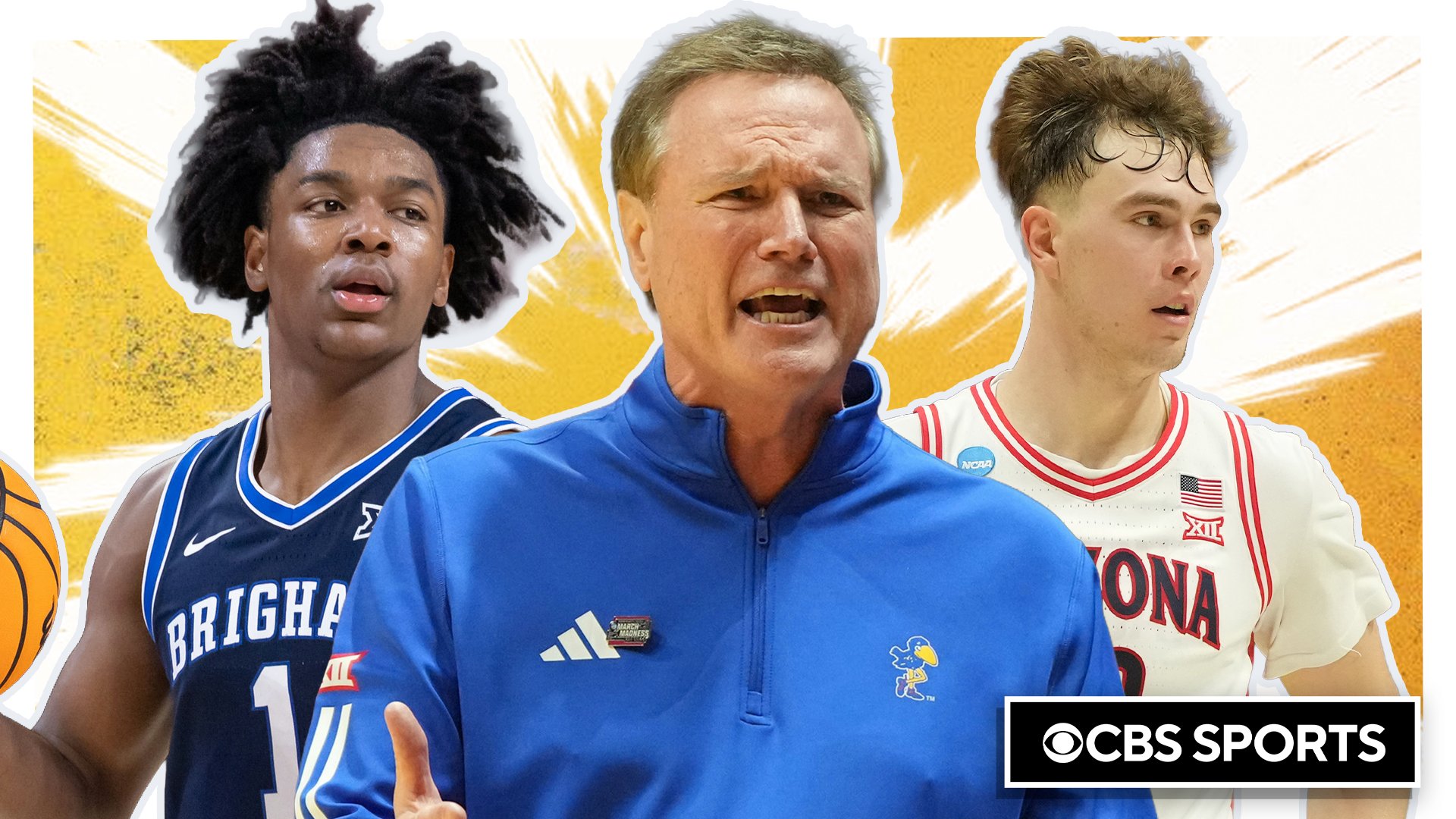 A CBS Sports graphic shows three cutout figures—a Brigham player, a coach in blue, and an Arizona player—against a yellow textured background.