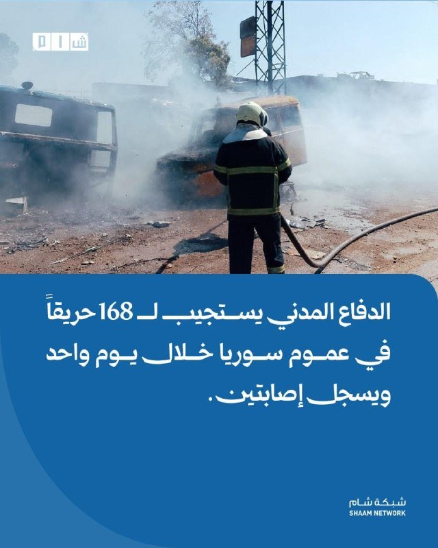 A firefighter in protective gear sprays water from a hose on a smoking, burned-out vehicle, with Arabic text and "SHAAM NETWORK" overlaid on the image.