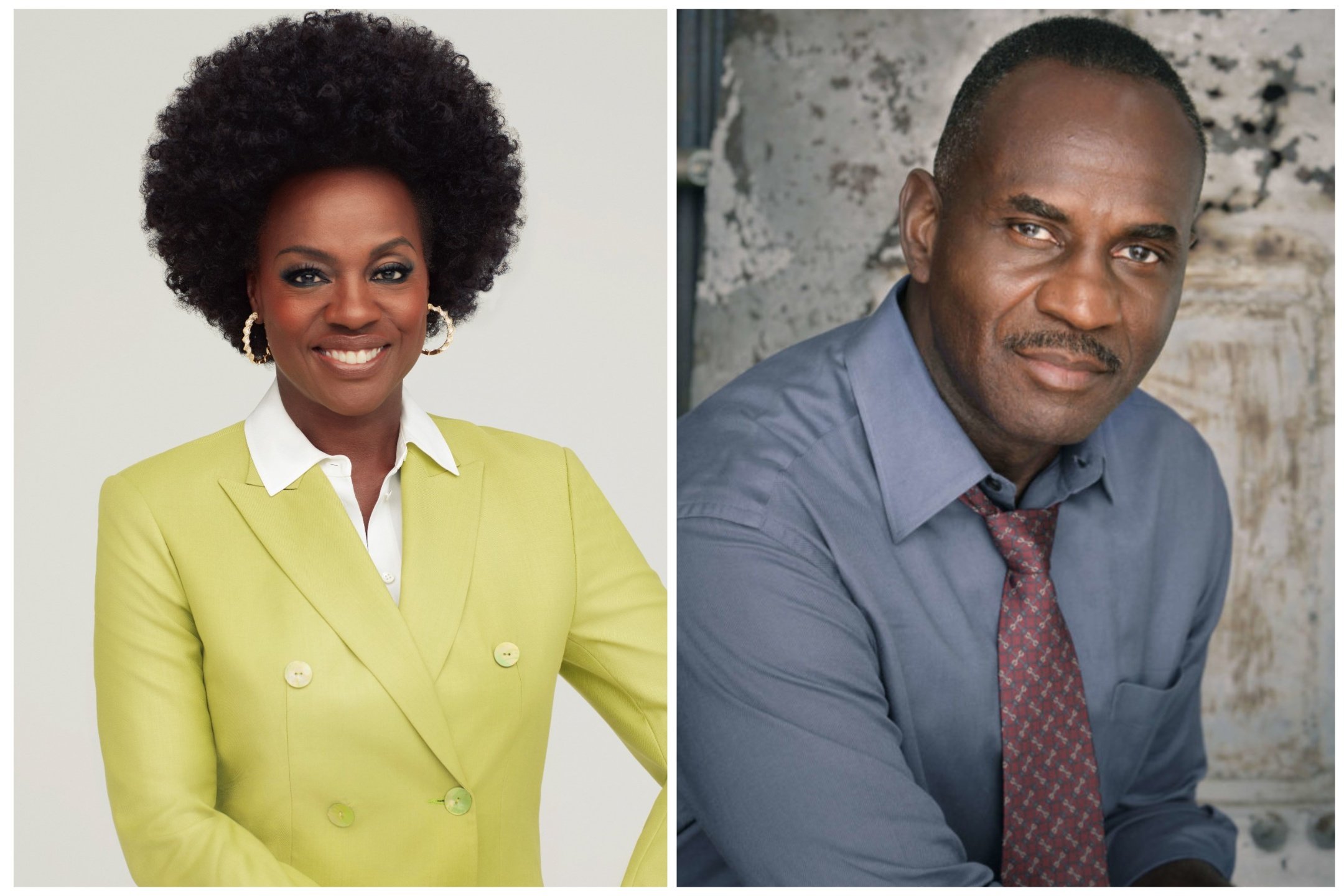 A side-by-side composite image: on the left, a smiling woman with an afro wearing a yellow blazer and white shirt; on the right, a man with a mustache wearing a blue shirt and patterned red tie.