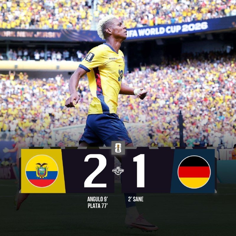 Graphic illustration showing a soccer player in a yellow jersey celebrating, with a scoreboard reading Ecuador 2, Germany 1, and "FIFA World Cup 2026" text visible.