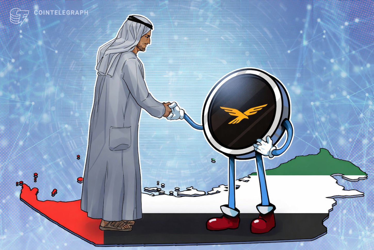 A Cointelegraph illustration depicts a man in traditional Arab attire shaking hands with an anthropomorphized black cryptocurrency coin featuring a golden bird emblem, standing on a UAE flag map.