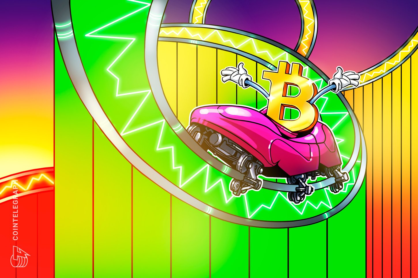 Colorful digital illustration showing an anthropomorphized golden Bitcoin character with gloved hands riding a pink roller coaster car down a looping green and yellow track.