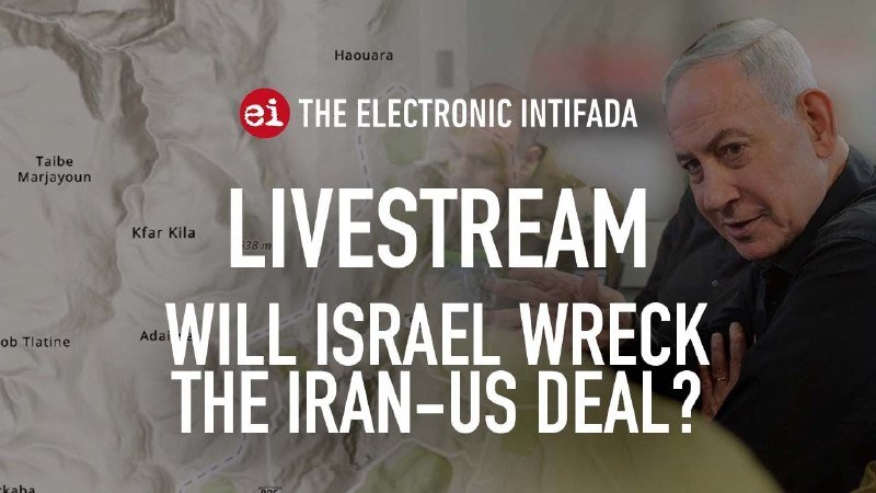 A promotional graphic for "The Electronic Intifada" livestream features a map with place labels, a red "ei" logo, and a man in a dark shirt overlaid on the right.