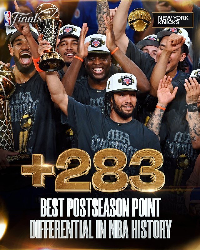 Knicks players in championship gear hoist trophies and raise their arms in celebration, with graphics reading "Finals," "New York Knicks," "+283," and "Best Postseason Point Differential in NBA History."