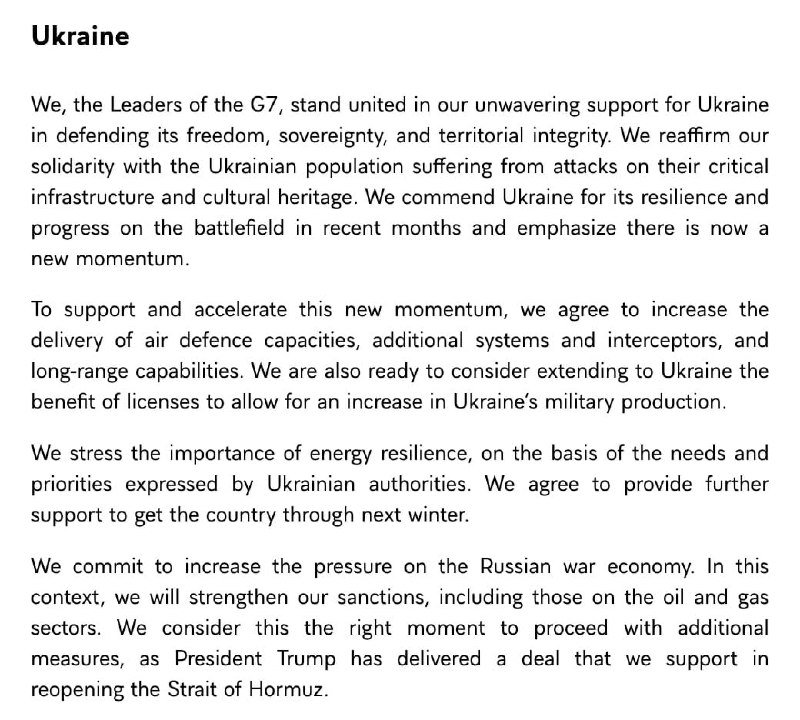 A text document headed "Ukraine" contains a G7 leaders' statement affirming support for Ukraine's sovereignty and outlining commitments on air defence, energy resilience, and sanctions on Russia.