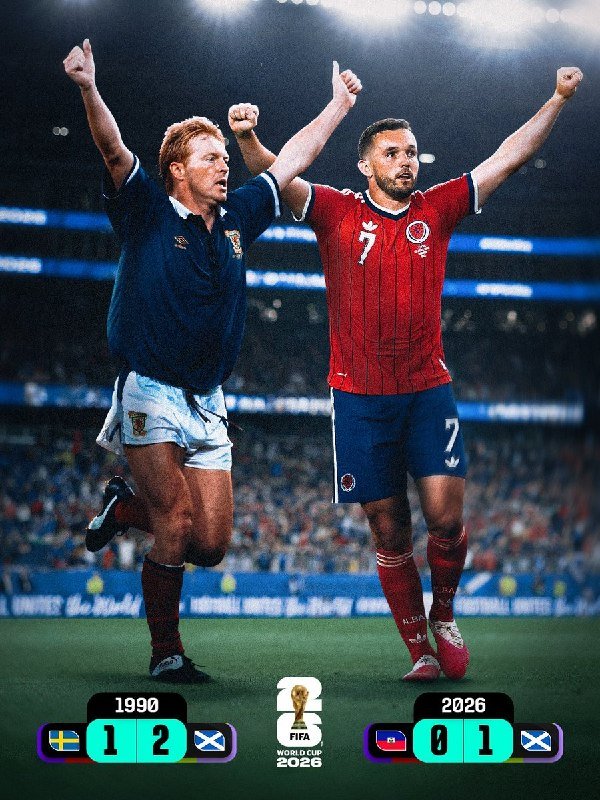 Graphic illustration of two soccer players—one in a navy jersey, one in a red Chile jersey—both raising their arms in celebration, with a 1990 scoreboard (Sweden 1–2 Scotland) and a 2026 scoreboard (Slovenia 0–1 Scotland) flanking a FIFA World Cup 2026 logo.