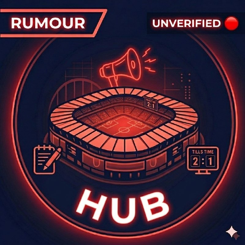 A red and black digital illustration features a stadium, megaphone, clipboard icons, and text reading "RUMOUR," "UNVERIFIED," and "HUB."