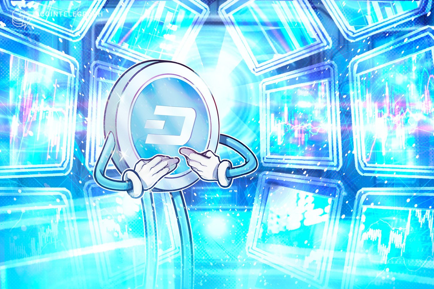 An illustration shows an animated coin character with the Dash logo and cartoon arms, surrounded by glowing blue panels displaying financial charts.