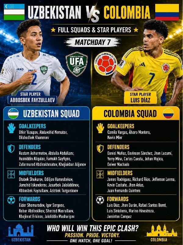 A promotional graphic displays an upcoming football match between Uzbekistan and Colombia, featuring headshots of players Abbosbek Fayzullaev and Luis Díaz alongside their respective full squad rosters organized by position.