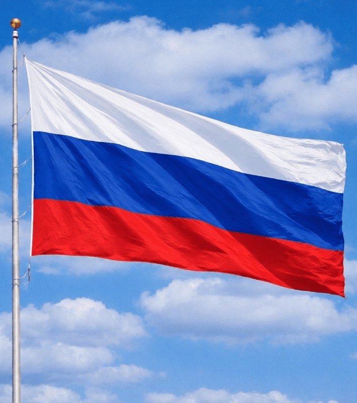 A white, blue, and red tricolor flag waves from a metal flagpole against a partly cloudy blue sky.