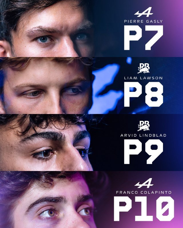 A promotional graphic displays four close-up eye portraits labeled P7-P10, naming Pierre Gasly, Liam Lawson, Arvid Lindblad, and Franco Colapinto with their respective team logos.