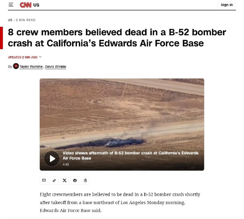 First-responder footage of the smoldering runway at Edwards Air Force Base after the 15 June 2026 B-52 crash, circulated on Telegram channels tracking U.S. military incidents.