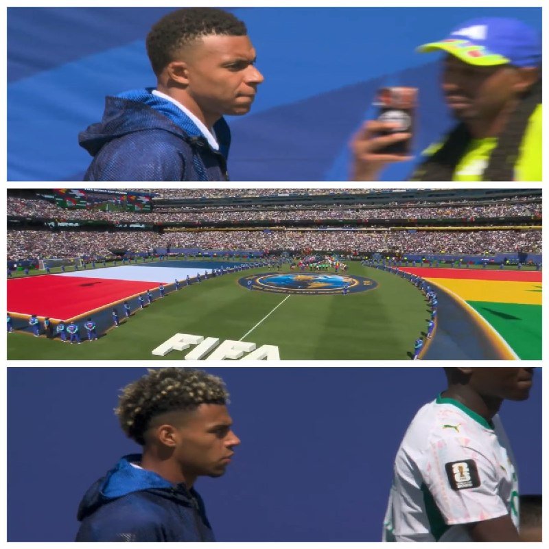 A three-panel image shows athletes in blue hoodies walking past a FIFA-branded stadium field with flags and a packed crowd.
