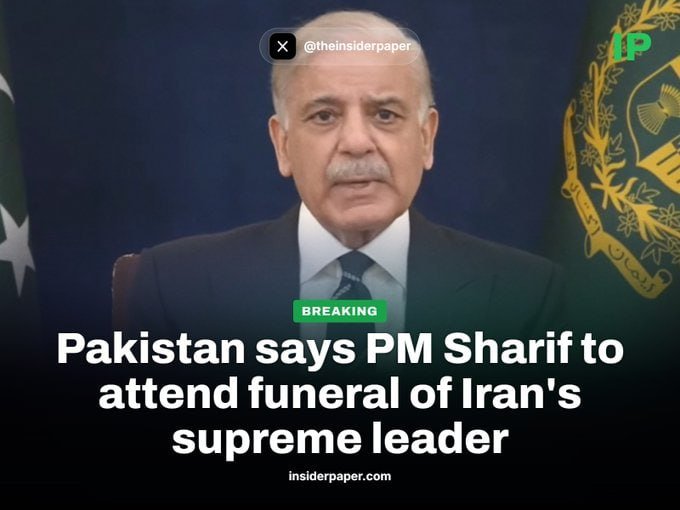 A news broadcast screenshot shows an older man with a white mustache speaking, with "BREAKING" text and a headline reading "Pakistan says PM Sharif to attend funeral of Iran's supreme leader."
