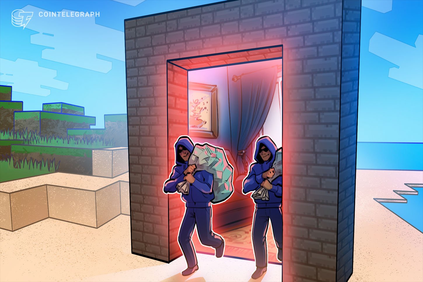 Illustration: Two hooded figures in blue exit a brick building carrying bags, set in a blocky Minecraft-style landscape, with the Cointelegraph logo visible.