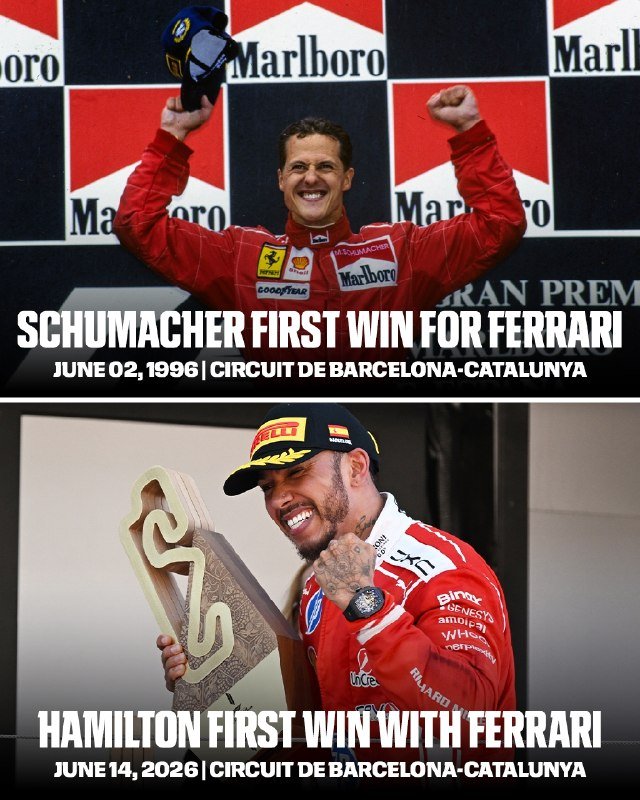 A split graphic showing a driver in a red Ferrari suit raising his cap in victory above text "SCHUMACHER FIRST WIN FOR FERRARI," paired with a tattooed driver in red holding a wooden trophy above text "HAMILTON FIRST WIN WITH FERRARI."