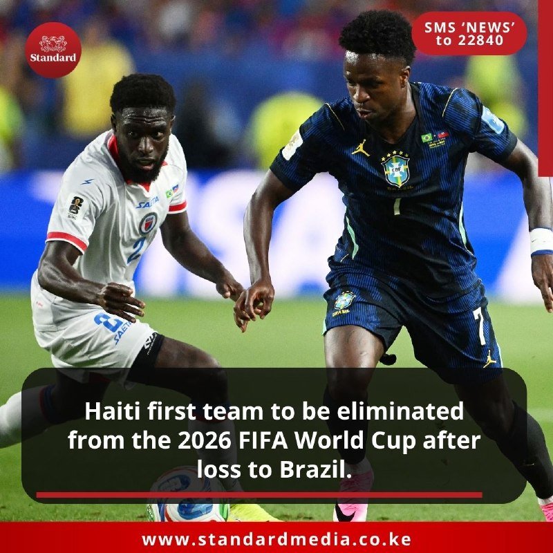 Two soccer players, one in a dark blue Brazil jersey and one in a white Haiti jersey, compete for a ball on a green field during a match.