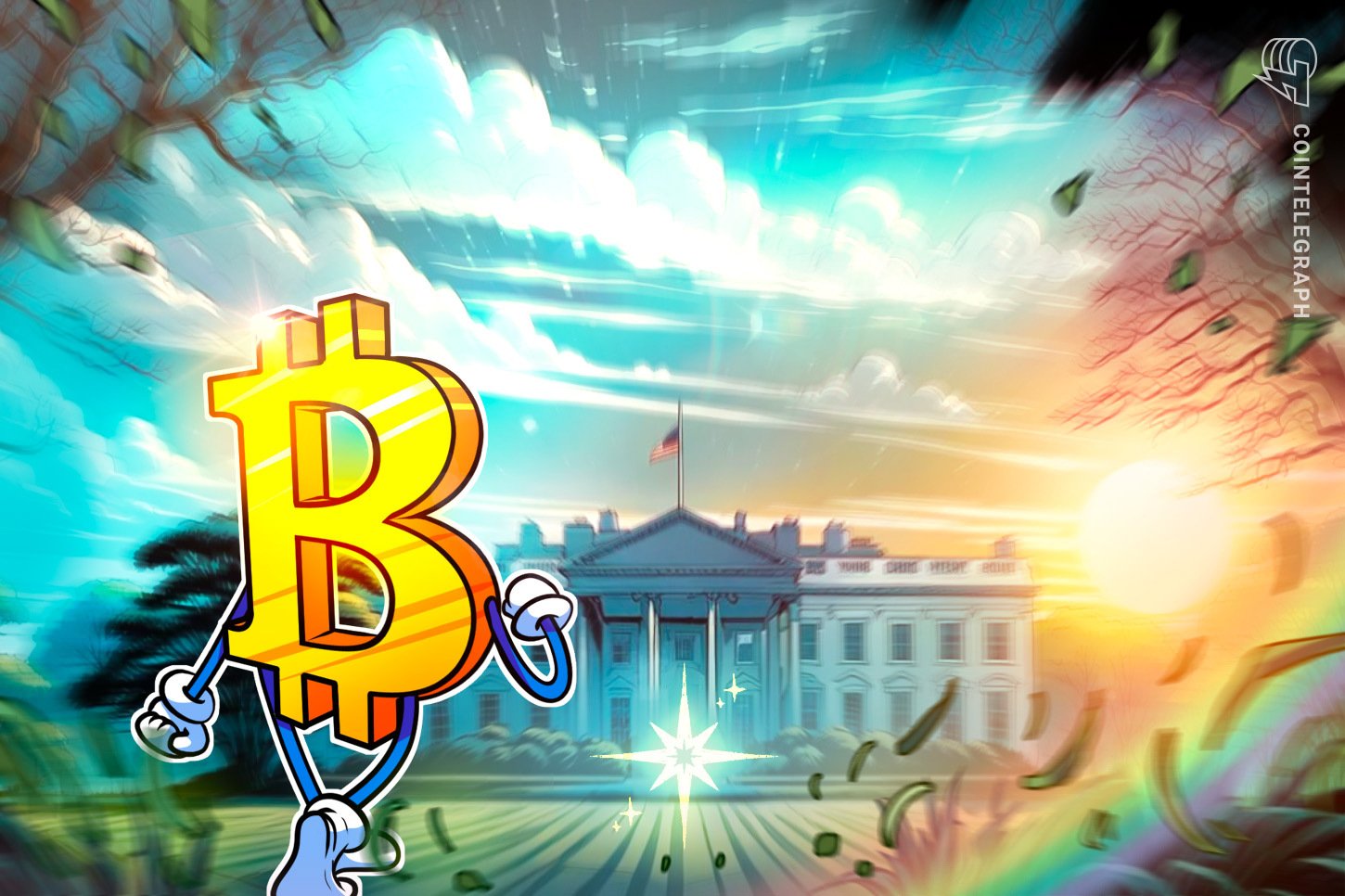 A Cointelegraph illustration shows an animated golden Bitcoin character with arms and legs standing before the White House under a bright sky.