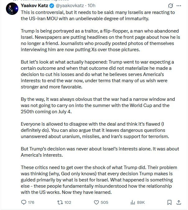 A screenshot of a social media post by Yaakov Katz arguing that Israeli reactions to a US-Iran agreement show immaturity, with 176 replies, 102 reposts, 505 likes, and 89K views displayed.