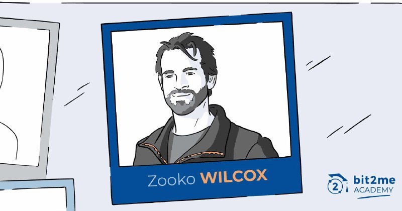 A blue-framed illustrated portrait labeled "Zooko WILCOX" of a smiling bearded man, alongside a "bit2me ACADEMY" logo.