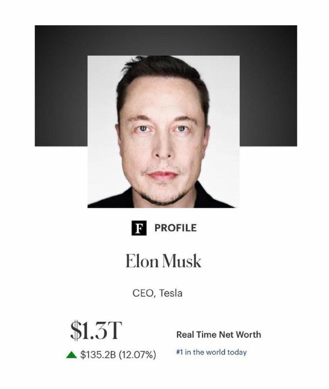 A profile graphic displays a headshot of a man above the text "PROFILE," "Elon Musk," and "CEO, Tesla," along with a net worth figure of "$1.3T" and "Real Time Net Worth."