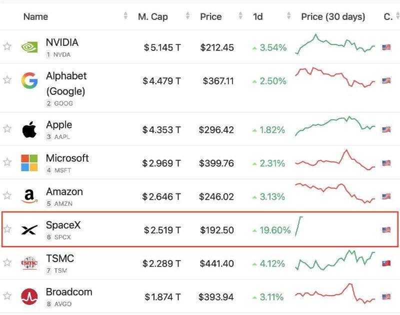 A market rankings table displays eight companies with their market caps, prices, daily percentage changes, and 30-day price trend charts, with SpaceX highlighted in a red box.