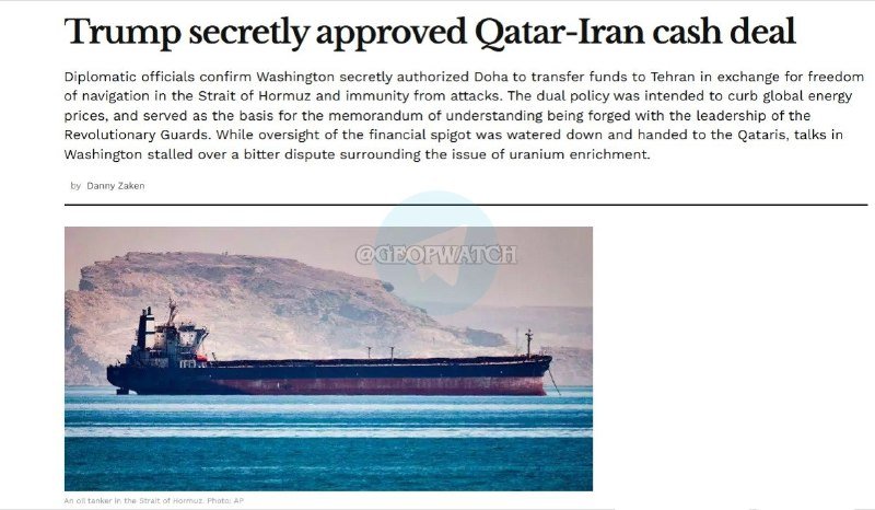 A news article headline reads "Trump secretly approved Qatar-Iran cash deal" above a photo of a large oil tanker on water with rocky hills in the background.