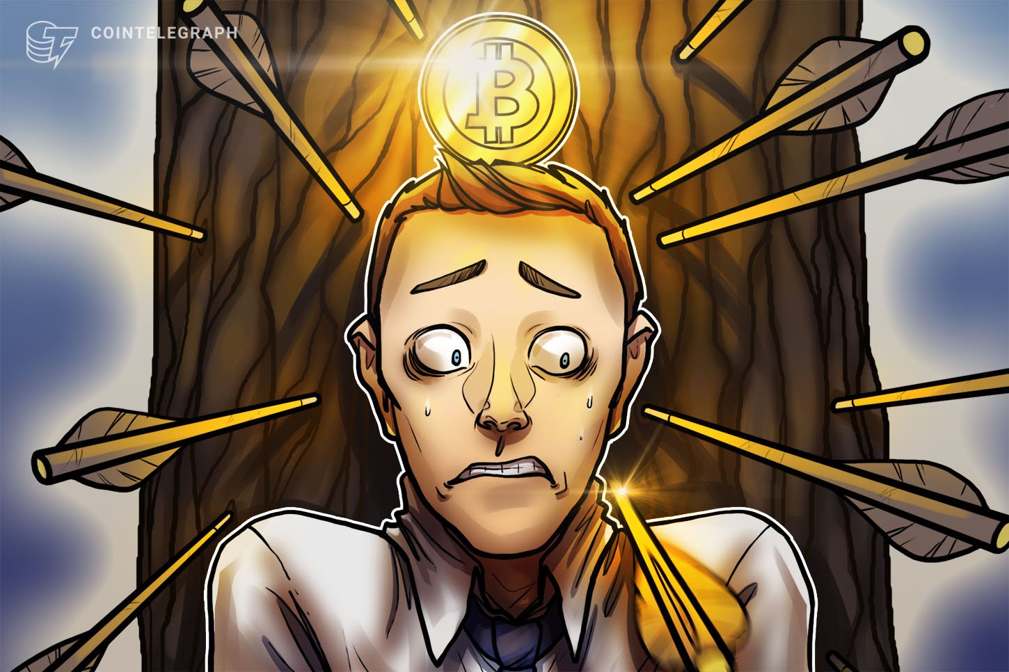 Cointelegraph illustration showing a wide-eyed, sweating man pinned against a tree by arrows, with a glowing Bitcoin coin hovering above his head.