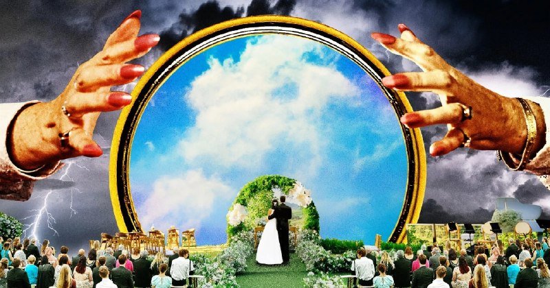 A surreal illustration shows a couple in wedding attire standing before a floral arch, framed by a large golden ring held by two giant hands amid stormy skies, with crowds gathered below.
