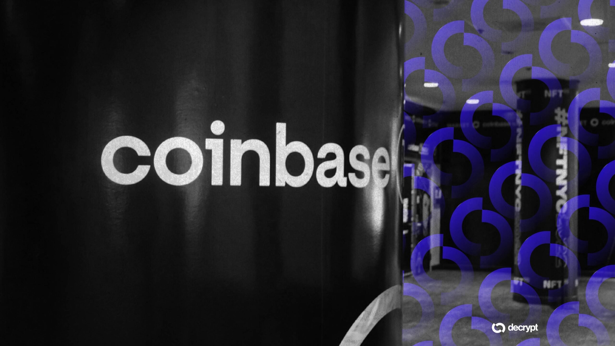 A black surface displays the white "coinbase" logo alongside a purple pattern of "C" shapes, with a "decrypt" watermark visible in the corner.