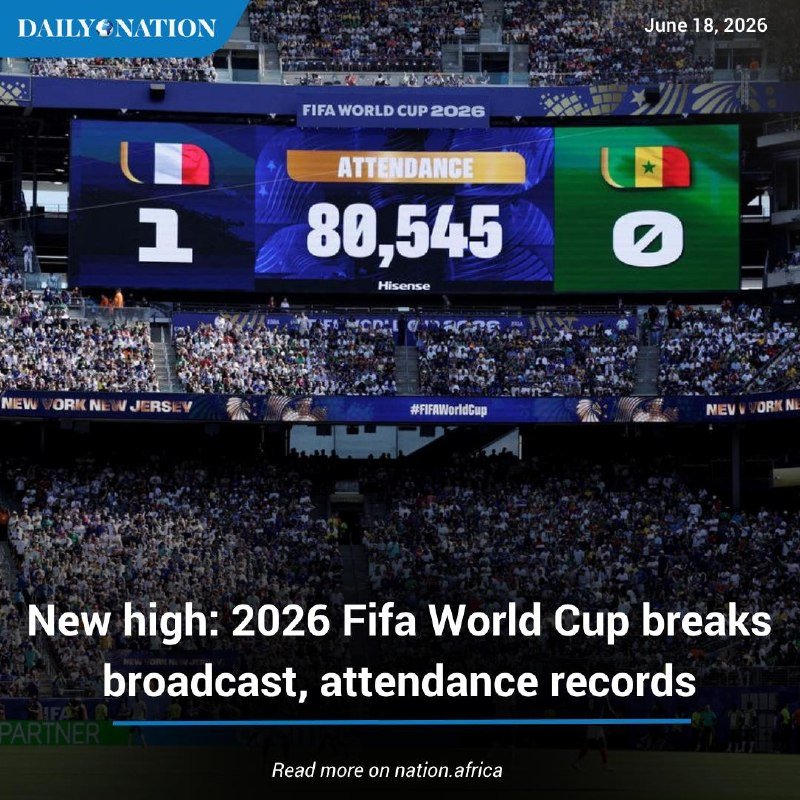 A stadium scoreboard displays "FIFA World Cup 2026" with an attendance figure of 80,545 between France (1) and Senegal (0), shown before a packed crowd.