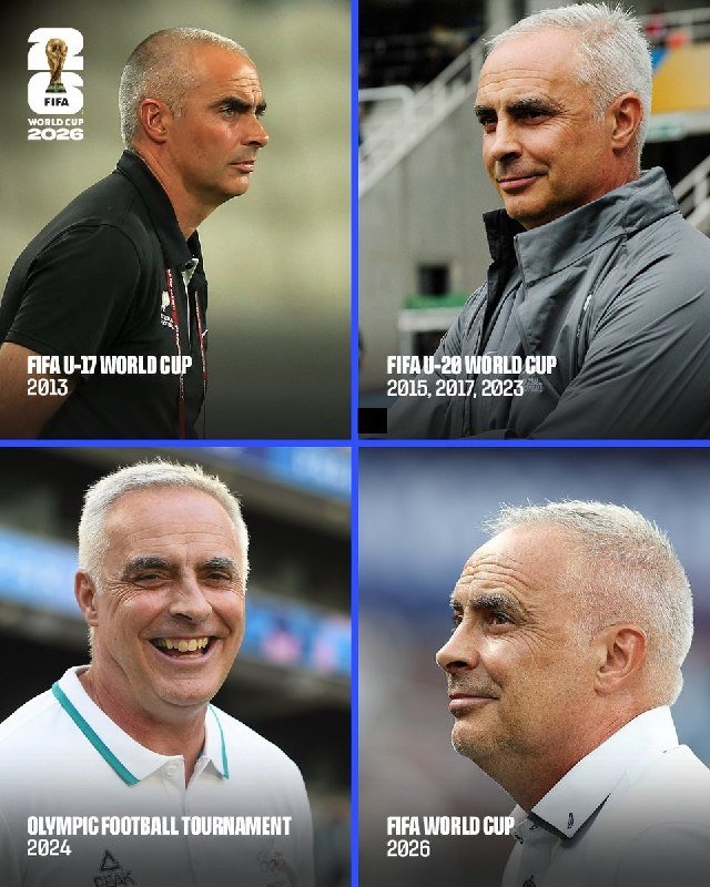 A four-panel graphic showing a gray-haired man in different settings, labeled with FIFA U-17 World Cup 2013, FIFA U-20 World Cup 2015-2017-2023, Olympic Football Tournament 2024, and FIFA World Cup 2026.