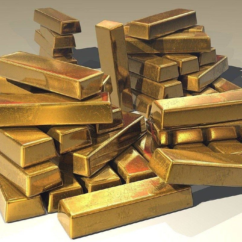A pile of stacked gold bars is displayed against a plain background in this digital illustration or 3D render.