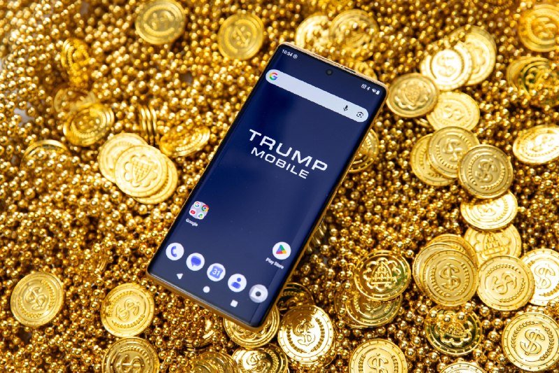 A smartphone displaying the "TRUMP MOBILE" logo rests atop a pile of gold-colored coins and bead chains.