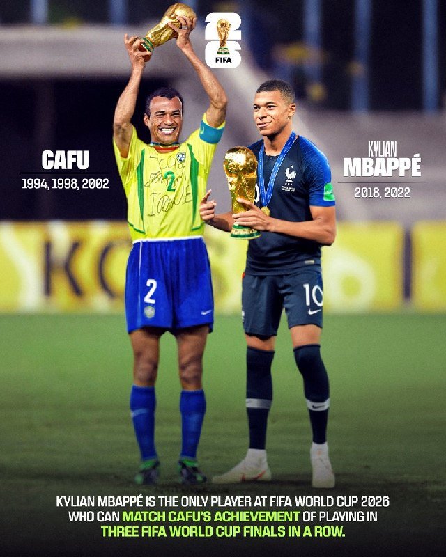 A graphic image shows two soccer players holding World Cup trophies, labeled "CAFU 1994, 1998, 2002" and "KYLIAN MBAPPÉ 2018, 2022," with text about Mbappé matching Cafu's three finals.